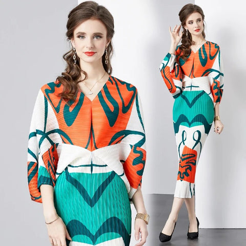 Image of Pleated Spring Summer Women V Neck Batwing Sleeve Holiday Dresses-FrenzyAfricanFashion.com