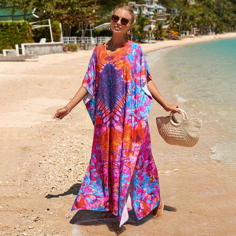 Image of Kaftan Dresses Women Bohemian Maxi Tie Dye Rayon Summer Holiday Bathing Suits-FrenzyAfricanFashion.com