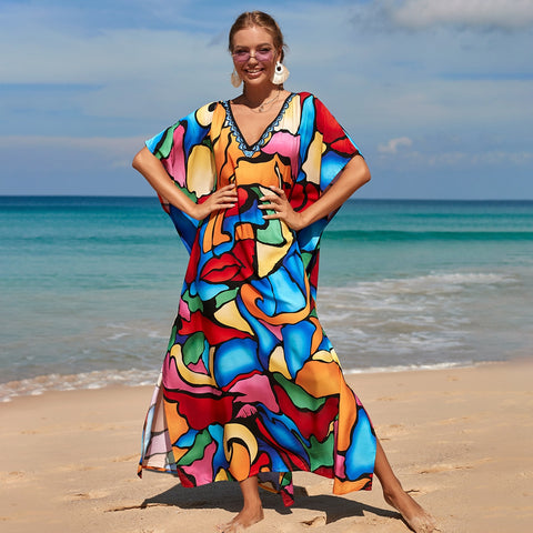 Image of Kaftan Dresses Women Bohemian Maxi Tie Dye Rayon Summer Holiday Bathing Suits-FrenzyAfricanFashion.com