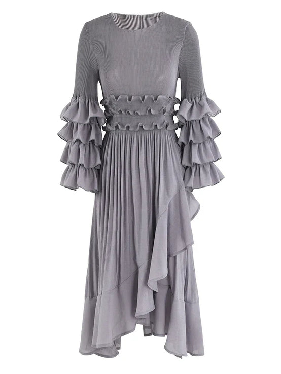 Fashion Pleated Dress O-Neck Long Sleeved Solid Color-FrenzyAfricanFashion.com