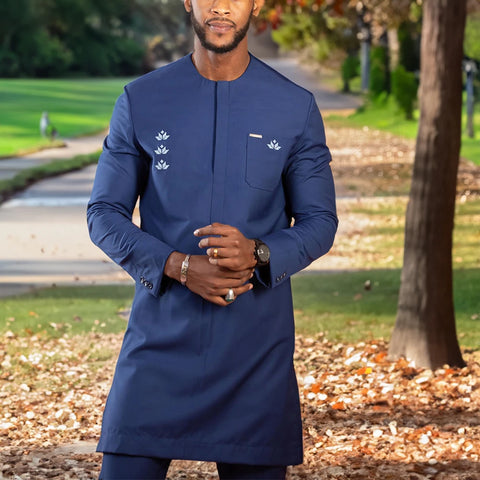 Image of Men's Elegant Long Sleeve Suit Shirt Pants 2-piece Solid Color Party Long Sleeve African Ethnic Style-FrenzyAfricanFashion.com