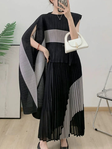 Image of Spring Fashion Pleated Two Piece Set For Women New Irregular Shawl Top + Long Elastic Waist Swing A-line Skirt-FrenzyAfricanFashion.com