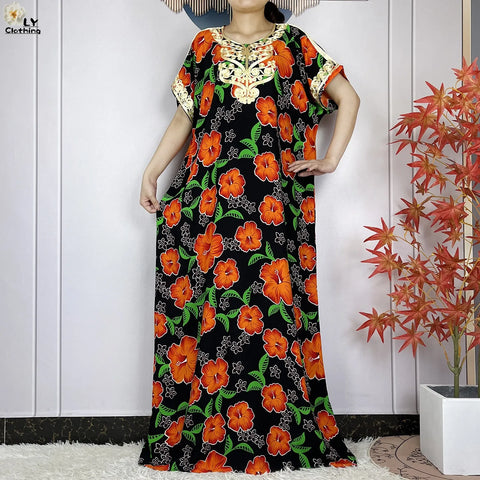 Image of Abaya Cotton Floral Printing Loose Maxi Casual Dress-FrenzyAfricanFashion.com