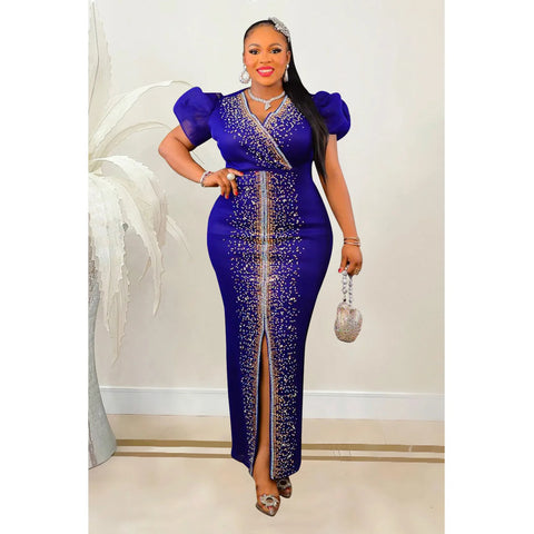 Image of 2023 Women Luxury Diamonds Hot Drill Wrap V-neck Puff Short Sleeve Bodycon Midi Maxi Dress Sexy Night Club Birthday Vestidos-FrenzyAfricanFashion.com