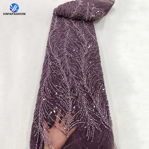 Image of Orange Sequins Pearls Beads French Tulle Mesh Net Embroidery Beaded Lace Fabric Bridal-FrenzyAfricanFashion.com