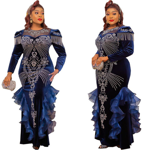 Image of Luxury Velvet Dresses Women Wedding Party Evening Robe Birthday Gown Long Sleeve Dress-FrenzyAfricanFashion.com