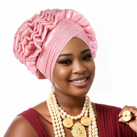 Image of Fashion Women Elastic Ruffle African Turban Cap Lady Head Wraps Nigeria Wedding Auto Gele Headtie Party Headgear Headwear Hat-FrenzyAfricanFashion.com