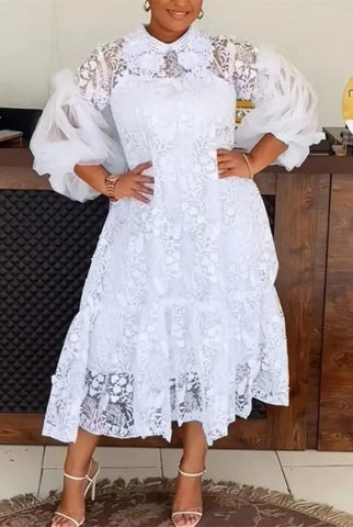 Image of Africa Clothing Lace African Party Wedding Dresses for Women 2024 Summer Elegant African Long Sleeve Evening Midi Dress Gowns-FrenzyAfricanFashion.com