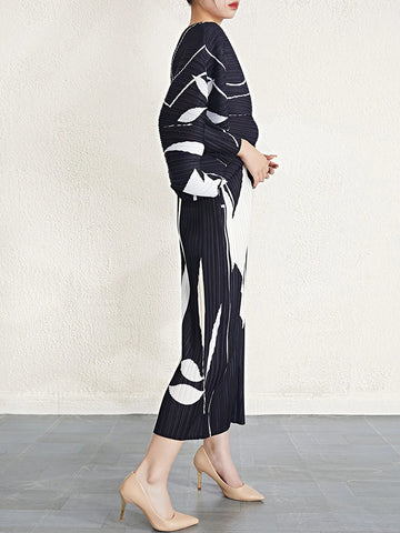 Image of Color Block Printing Pleated Dress Batwing Sleeves Dresses-FrenzyAfricanFashion.com