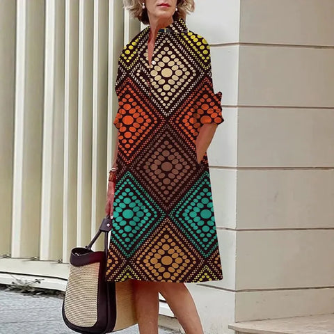 Image of Chic Patchwork Print Shirt Dress Casual Lapel Button Slim Dress-FrenzyAfricanFashion.com