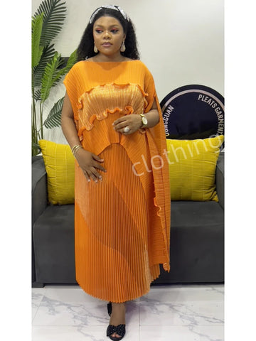 Image of Spring New Women's Color Matching Pleated Set Shawl Irregular Top Long Elastic Waist Skirt 2 Pieces Sets-FrenzyAfricanFashion.com