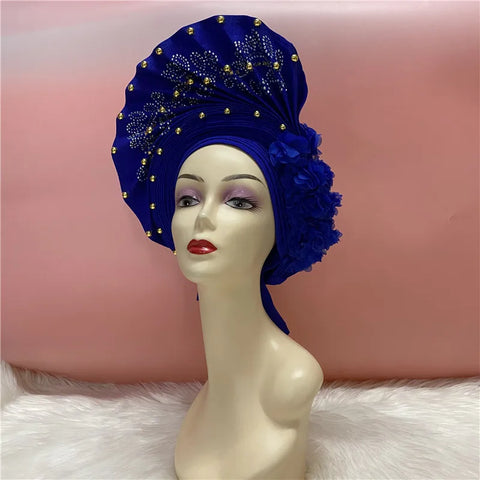 Image of African Nigerian gel headgear with stone bead already made auto turban afro aso ebi gel aso oke wide br im headgear 9L032801-FrenzyAfricanFashion.com