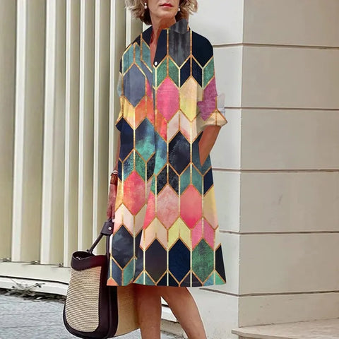 Image of Chic Patchwork Print Shirt Dress Casual Lapel Button Slim Dress-FrenzyAfricanFashion.com