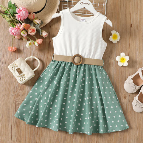 Image of PatPat 2pcs Girl Dresses Kids Clothes Girl Polka Dots Ribbed Girls Splice Sleeveless Dress & Belt-FrenzyAfricanFashion.com