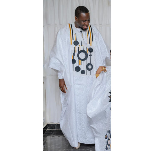 Image of African Dresses For Women Bazin Riche Emboridery With Scarf-FrenzyAfricanFashion.com