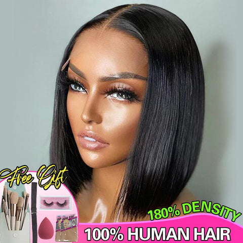 Image of Human Hair Wigs For Women Glueless Body Wave 4x4 Short Bob Wig Lace Closure Wig Peruvian Virgin Wavy Human Hair Wig PrePlucked-FrenzyAfricanFashion.com