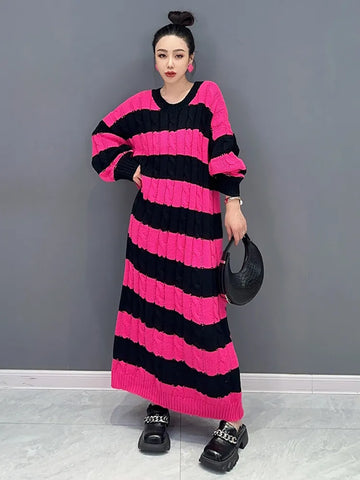 Image of Striped Knit Dress For Women O-neck Full Sleeve Loose-FrenzyAfricanFashion.com