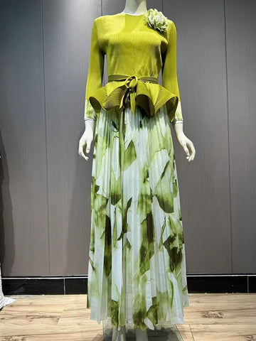 Image of Ruffled Pleated A-line Skirts 2 Pieces Set Women Fashion Ruffle Hem Flower Top-FrenzyAfricanFashion.com