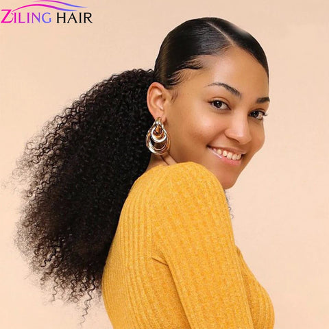 Image of Afro Kinky Curly Drawstring Ponytail Human Hair Clip In Extensions Pony Tail Brazilian Hair-FrenzyAfricanFashion.com