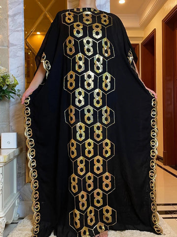 Image of Women Abaya African Embroidery Flower Dress With Scarf-FrenzyAfricanFashion.com