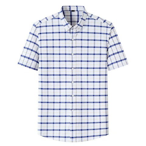 Image of Summer Shirt Men Cotton Solid Color Stripe Plaid Shirt Men Short Sleeve Casual Fitting Oxford Short Sleeve Shirts for Men Causal-FrenzyAfricanFashion.com