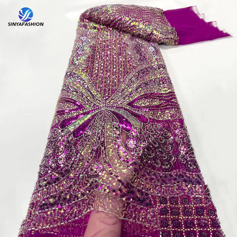 Image of High Quality African Nigerian French Tulle Fully Sequins Luxury Heavy Handmade Beaded Lace Fabric For DIY Wedding Dress-FrenzyAfricanFashion.com