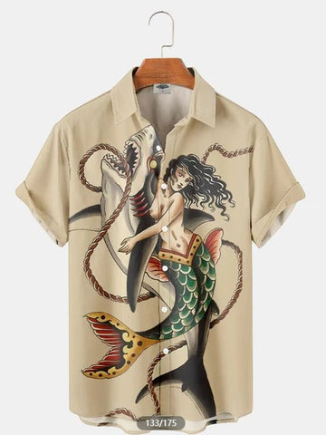 Image of Men Vintage Ethnic Hawaiian 3D Print Short Sleeve Lapel Button Streetwear-FrenzyAfricanFashion.com