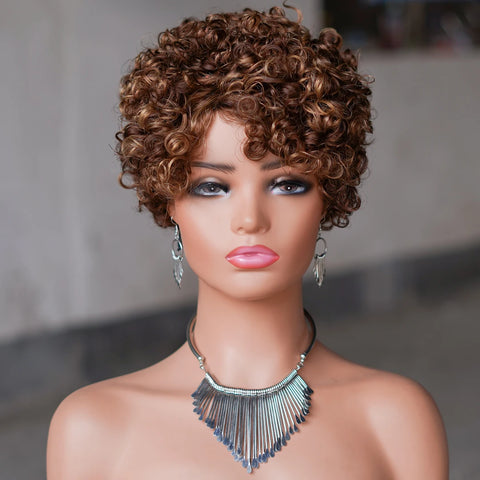 Image of 6inch Short Curly Wigs T1B/99J None Lace Front Human Hair Wigs with Bangs 180% Density Machine Made Pixie Cut Curly Wave Wig-FrenzyAfricanFashion.com