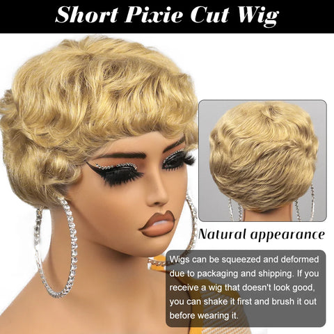 Image of Brown Short Pixie Cut Wig Human Hair For Black Women Machine Made Wigs With Bangs Colored Brazilian Wig Human Hair Wigs-FrenzyAfricanFashion.com