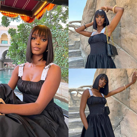Image of Straight Human Hair Wigs With Bangs Short Bob For Women-FrenzyAfricanFashion.com