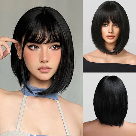 Image of Short Black Brown Synthetic Natural Hair Wigs for Women Bob Straight Wig with Bangs High Temperature Daily Cosplay Party Wigs-FrenzyAfricanFashion.com