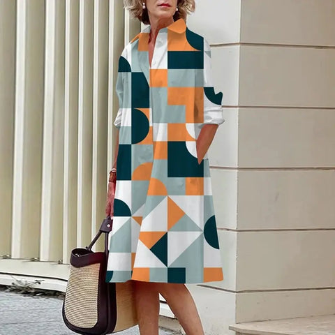 Image of Chic Patchwork Print Shirt Dress Casual Lapel Button Slim Dress-FrenzyAfricanFashion.com