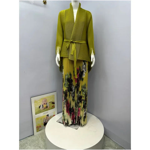 Image of Pleated Women's Suit New Fashion Long Sleeve Lace Up Top + Printed Big Swing Skirt Two Piece Women's Suit-FrenzyAfricanFashion.com