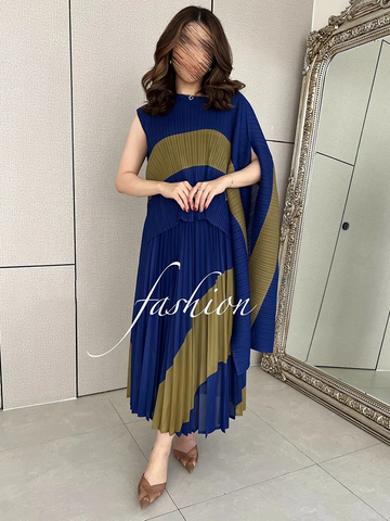 Image of Spring Fashion Pleated Two Piece Set For Women New Irregular Shawl Top + Long Elastic Waist Swing A-line Skirt-FrenzyAfricanFashion.com