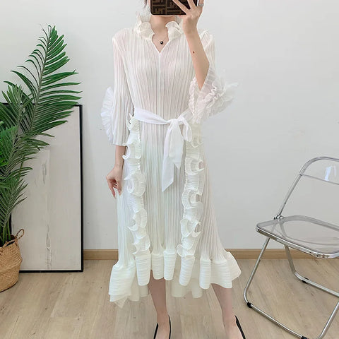Image of Pleated Fungus Edge Long Dress Summer Fashion Women's Clothing Elegant Medium Long Dress-FrenzyAfricanFashion.com