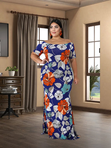 Image of Plus Size Short Sleeved Floral Women Robe Soirée Femme-FrenzyAfricanFashion.com
