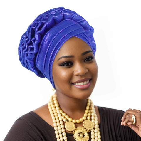 Image of Fashion Women Elastic Ruffle African Turban Cap Lady Head Wraps Nigeria Wedding Auto Gele Headtie Party Headgear Headwear Hat-FrenzyAfricanFashion.com