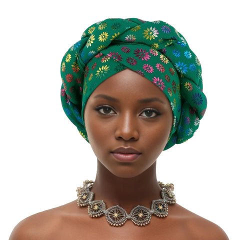 Image of Flower Bronzing African Braid Turban Caps Shining Women's Head Wraps Nigeria Wedding Geles Party Headgear Auto Gele Headtie-FrenzyAfricanFashion.com