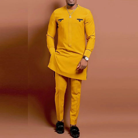 Image of Men's Elegant Long Sleeve Suit Shirt Pants 2-piece Solid Color Party Long Sleeve African Ethnic Style-FrenzyAfricanFashion.com