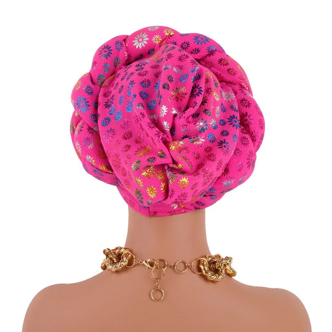 Image of Flower Bronzing African Braid Turban Caps Shining Women's Head Wraps Nigeria Wedding Geles Party Headgear Auto Gele Headtie-FrenzyAfricanFashion.com