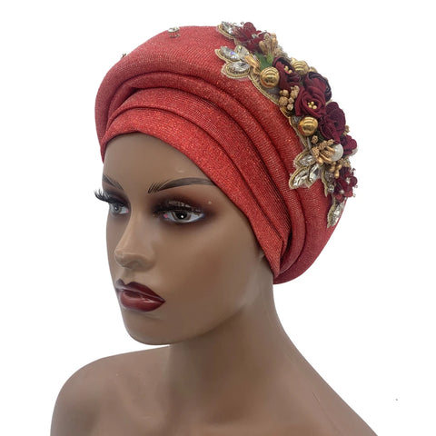 Image of Exquisite Bouquet Headtie Traditional Marriage Wedding Auto Gele Bonnet Head Wraps-FrenzyAfricanFashion.com