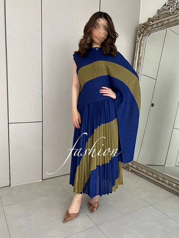 Image of Spring Fashion Pleated Two Piece Set For Women New Irregular Shawl Top + Long Elastic Waist Swing A-line Skirt-FrenzyAfricanFashion.com