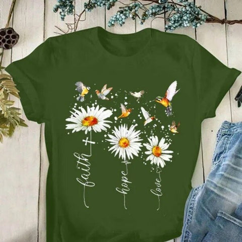 Image of Faith Hope Love Daisy Print T Shirt Women Short Sleeve O Neck Loose-FrenzyAfricanFashion.com