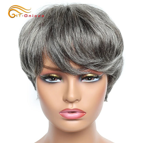 Image of Cheap Human Hair Wigs Short Bob Pixie Cut Wig Human Hair For Women perruque cheveux humain Brazilian Hair Colored Wig With Bangs-FrenzyAfricanFashion.com