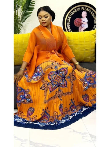 Image of Pleated Fashion 2 Piece Set Women Belt Batwing Sleeves Tops Print A-line Folds Long Dresses-FrenzyAfricanFashion.com