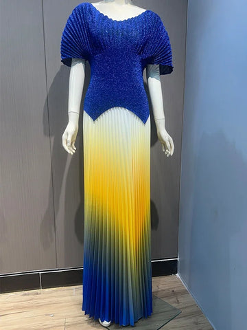 Image of Women Party Pleated 2 Pieces Set Gradient Women Fashion V Neck Short Batwing Sleeves Irregular Hem Long Skirt-FrenzyAfricanFashion.com