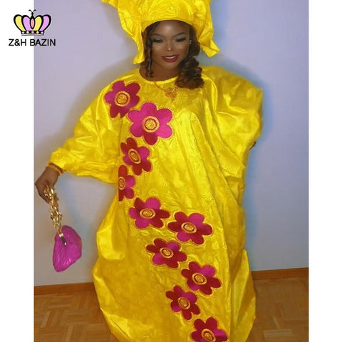 Image of African Dresses For Woman Plus Size Bazin Riche Robe Embroidery With Embroidery Original Basin Floor Long Dresses With Scarf-FrenzyAfricanFashion.com
