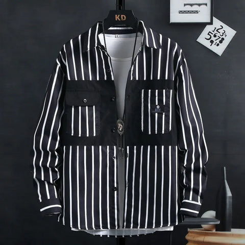 Image of Thin Spring Summer Autumn Men's Clothing Button Turn-down Collar Striped Man Fashion Casual Loose Office Handsome Pockets Shirts-FrenzyAfricanFashion.com