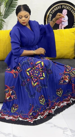 Image of Pleated Fashion 2 Piece Set Women Belt Batwing Sleeves Tops Print A-line Folds Long Dresses-FrenzyAfricanFashion.com