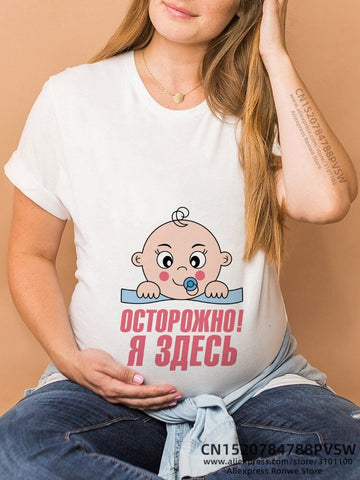Image of Maternity Clothes Casual Pregnancy T Shirts Baby Print Funny Women Summer Tees Tops White-FrenzyAfricanFashion.com
